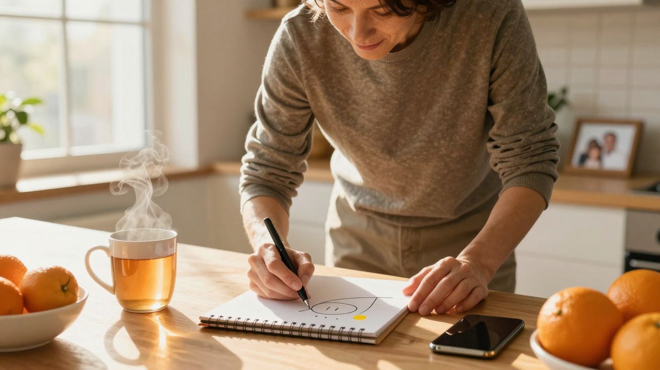 Persoană desenând pe un bloc-notes în bucătărie, lângă o ceașcă cu ceai și portocale pe masă.