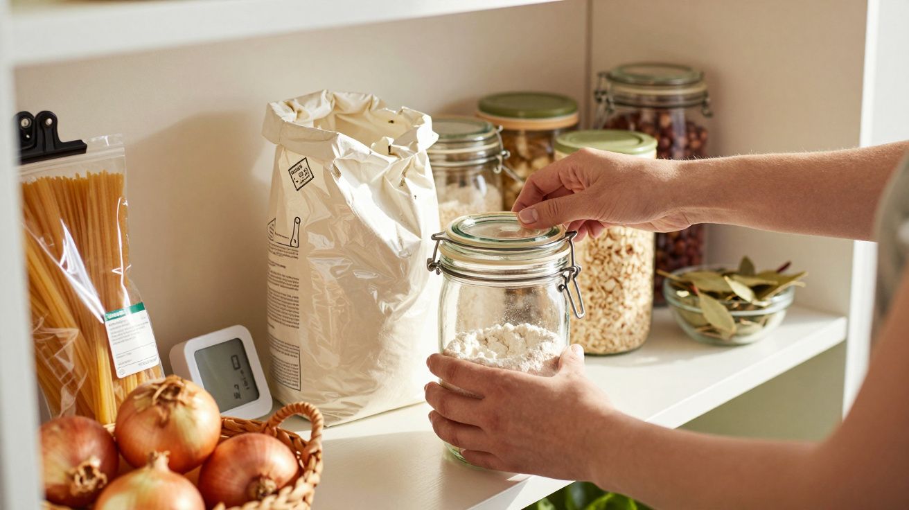 Mâini ținând un borcan cu făină într-o cămară cu alimente, ceapă, paste și recipiente cu ingrediente.