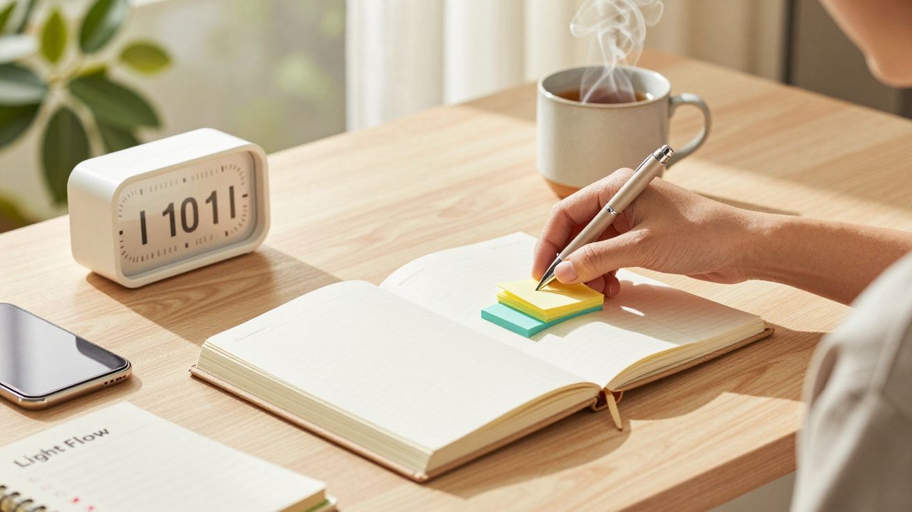 Mână scriind într-un caiet cu bilețele colorate, telefon, ceas și ceașcă de cafea aburindă pe birou din lemn.