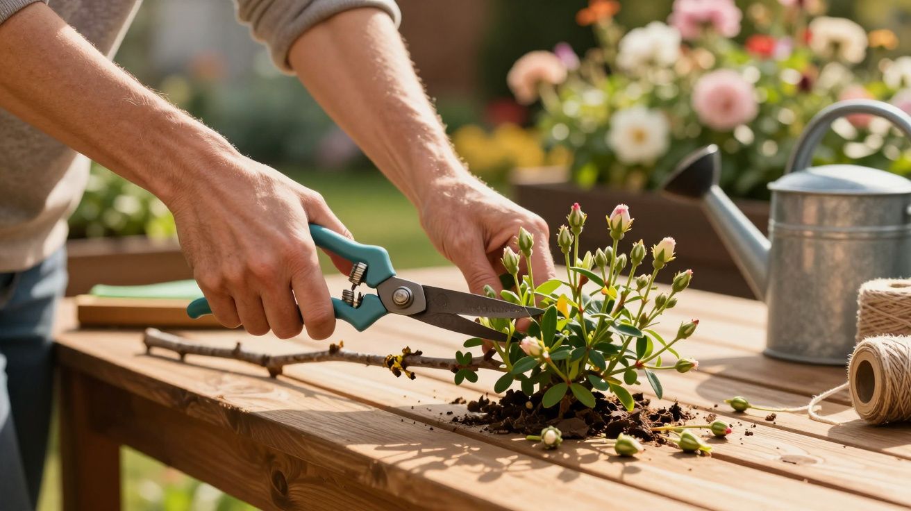 O persoană taie o plantă cu un foarfece de grădinărit pe o masă din lemn, cu un vas de tinichea în fundal.