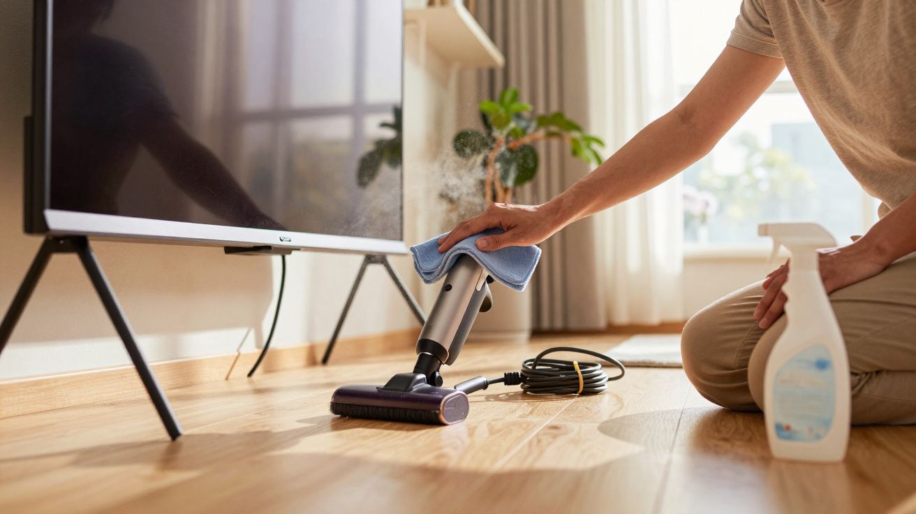 Persoană curăță blând podeaua de lemn lângă un televizor cu un aburitor și un spray de curățat în lumina naturală.