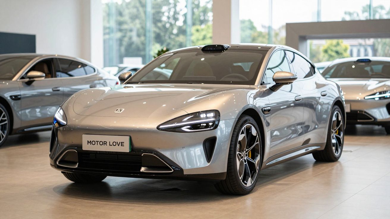 Mașină electrică gri elegantă expusă într-un showroom auto modern, cu alte mașini în fundal.