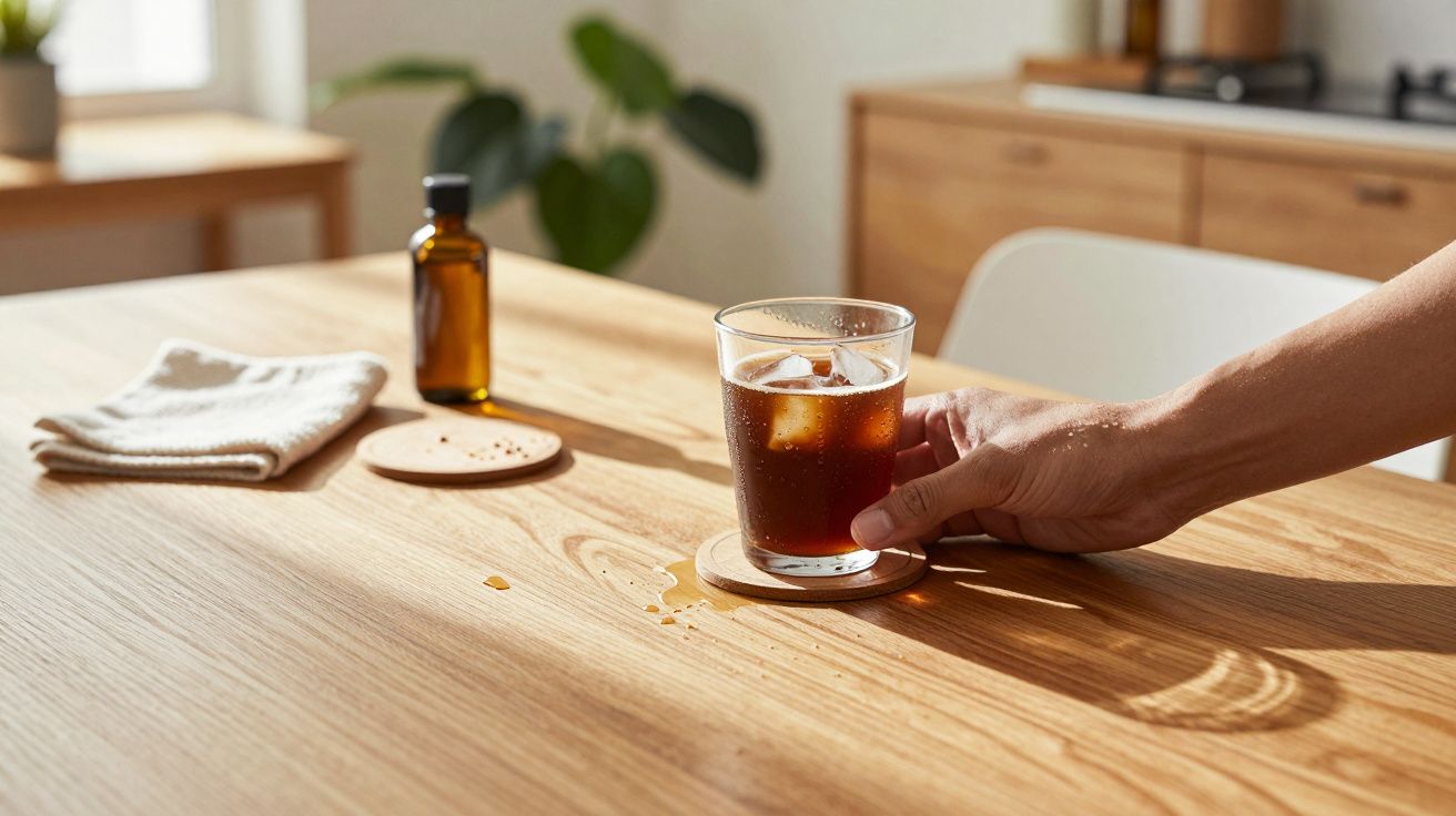 Mână apucând un pahar de băutură rece cu gheață pe o masă de lemn, lângă o sticlă mică și un șervețel.