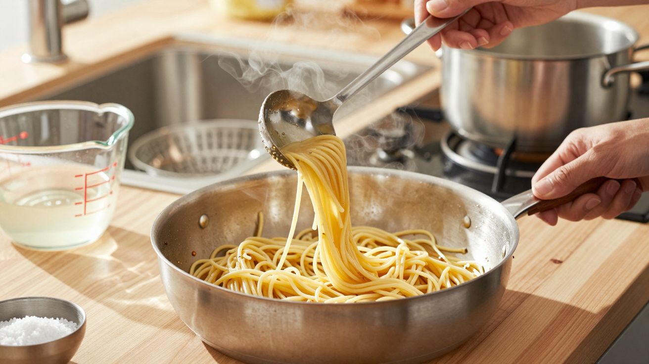 Spaghete în tigaie de inox, gătite pe aragaz, cu ustensile de bucătărie și vase pe fundal.