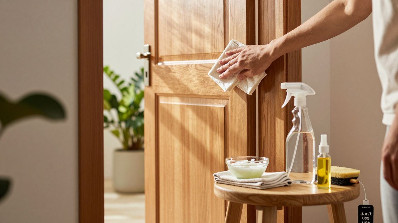 O persoană șterge o ușă de lemn cu o cârpă, alături de produse de curățare pe o masă mică.