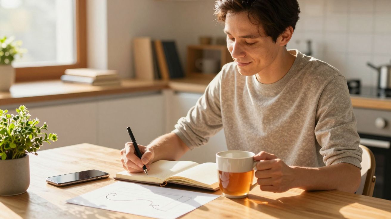 Persoană scriind într-un caiet, ținând o cană de ceai, la o masă din lemn, lângă o plantă și un telefon.