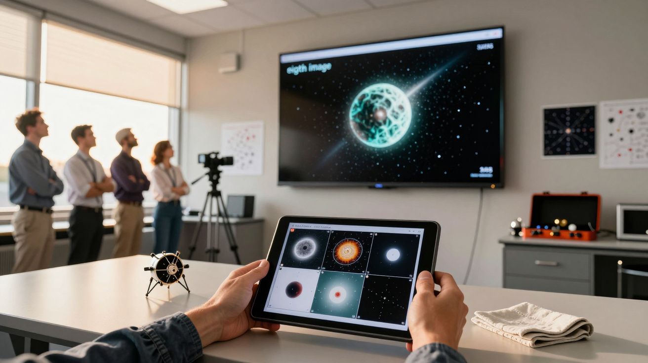 Persoană ținând tabletă cu imagini ale universului, ecran mare afișează o ilustrație cosmică, grup de oameni privindu-l.