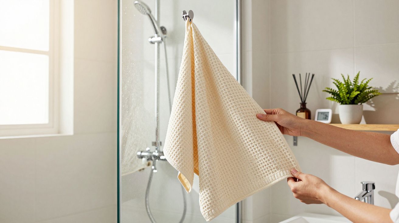 Persoană agățând un prosop galben într-o baie luminată, cu duș și plantă decorativă.