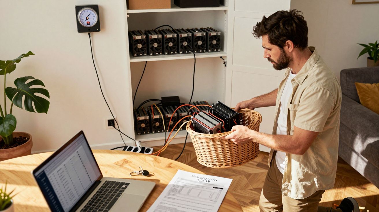 Bărbat cu coș de cabluri în cameră cu laptop, ceas de perete și echipament tehnic pe rafturi.