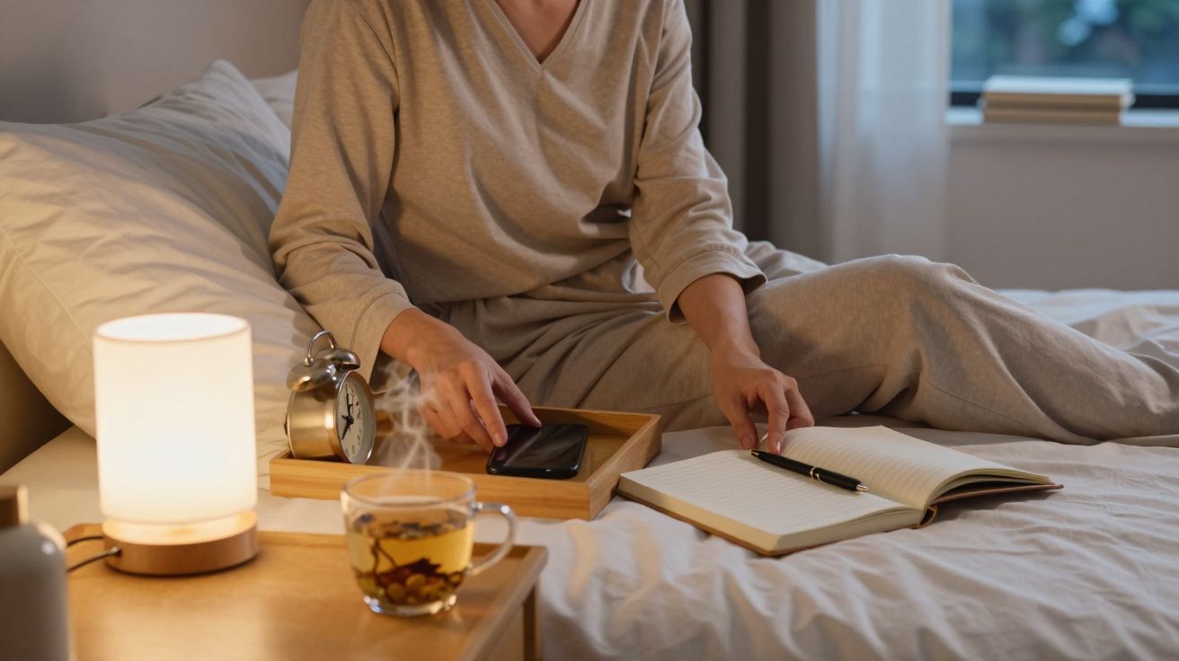 Persoană în pijama stă pe pat, lângă o lampă, ceas deşteptător, telefon, un carnet deschis și o ceașcă de ceai.