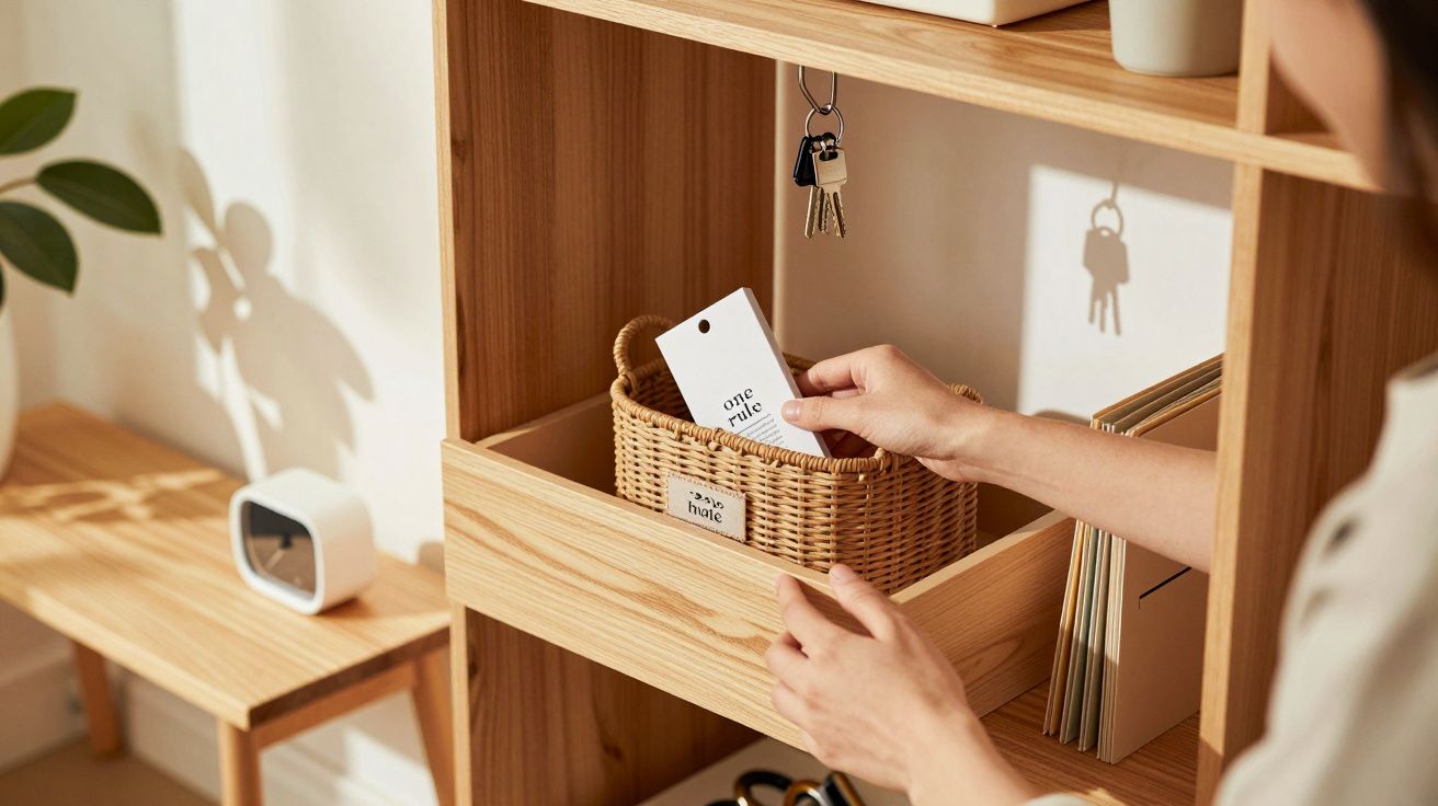 Persoană punând o etichetă în coș de răchită pe un raft de lemn cu chei, ghivece și un ceas în fundal.