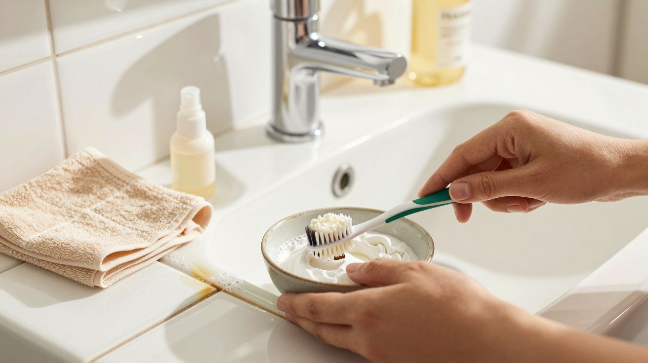 Mâini ținând o periuță de dinți înmuiată într-un bol cu spumă, lângă chiuvetă, prosop și sticlă.
