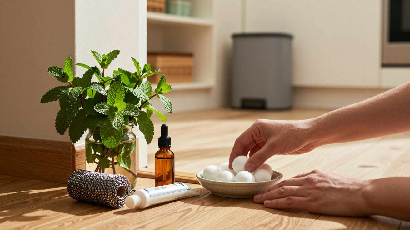 O mână ia bile albe dintr-un bol, lângă o plantă verde, o sticlă cu lichid și un tub pe podea din lemn.