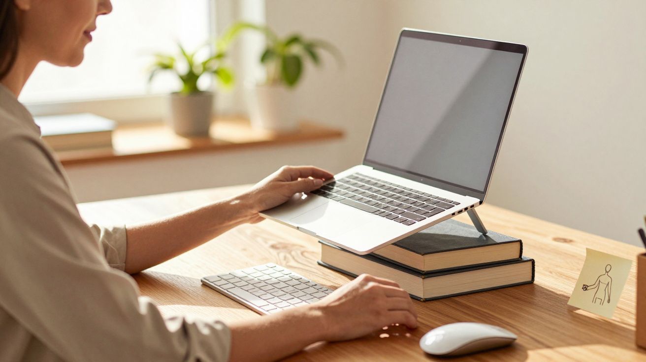 Femeie lucrând la laptop susținut pe cărți, pe un birou de lemn, alături de o tastatură și un mouse.