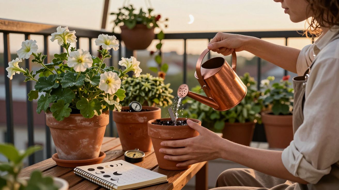 Persoană udând flori pe un balcon, cu o stropitoare de cupru, lângă un caiet și flori în ghivece ceramice.