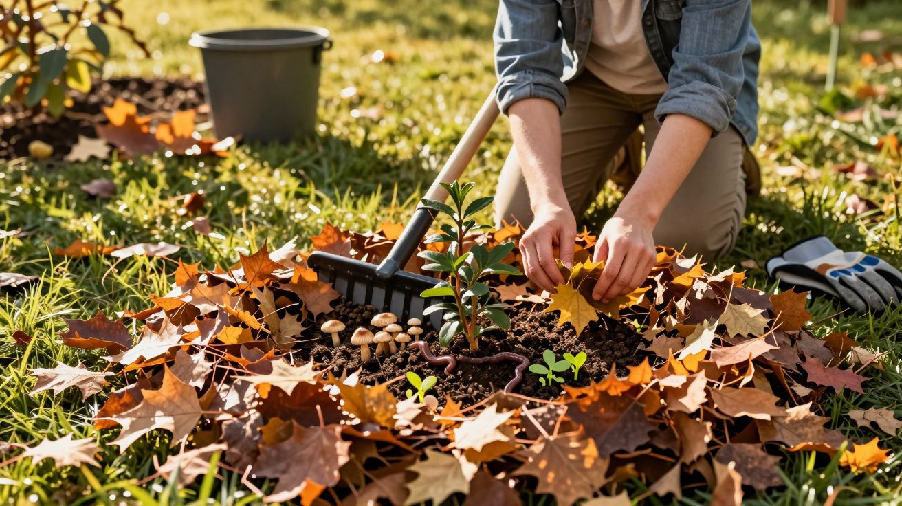 Persoană grădinărind, așezând frunze de toamnă în jurul unei plante tinere pe un strat de sol afânat, folosește o greblă.