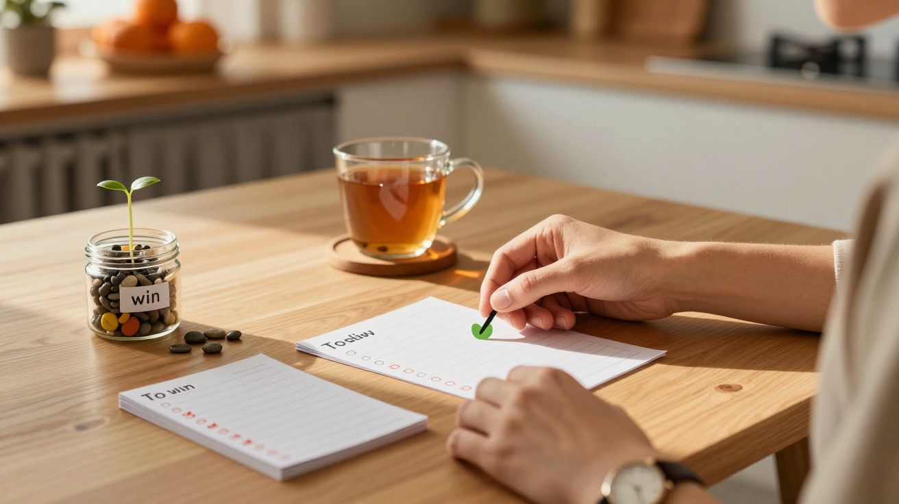 Mâini completează o listă de sarcini pe un birou din lemn, cu un ceai și o plantă în fundal.
