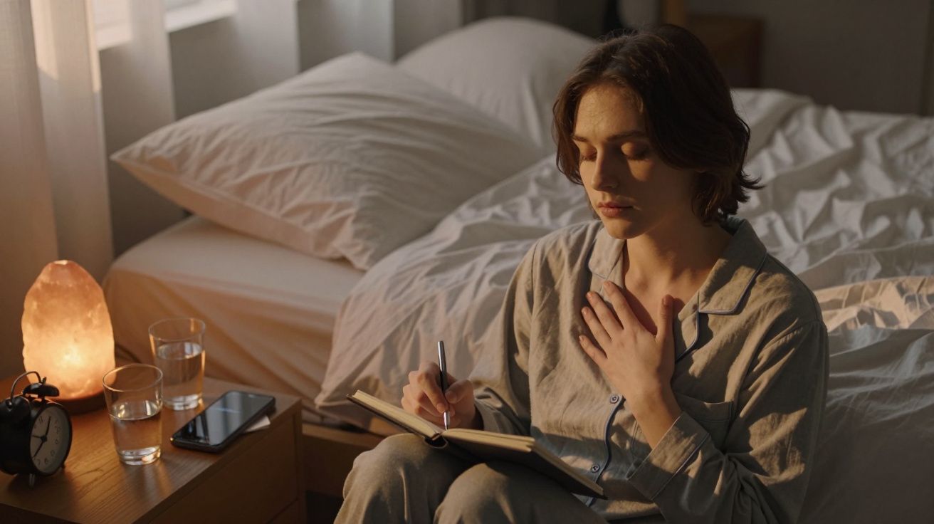 Persoană în pijamale scrie în jurnal, stând pe pat lângă o lampă cu sare, pahar cu apă, ceas și telefon.