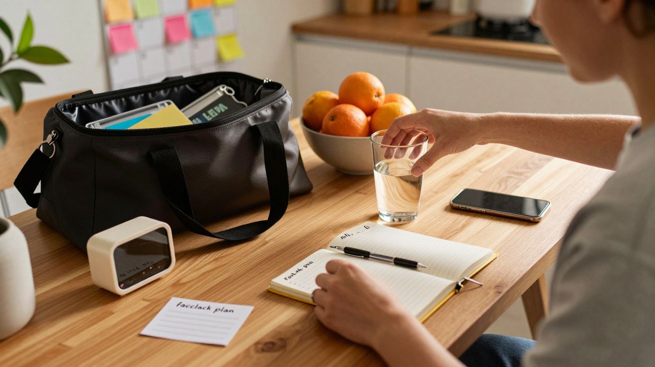 Persoană la masă cu agendă deschisă, telefon, pahar cu apă, geantă neagră și bol cu portocale.
