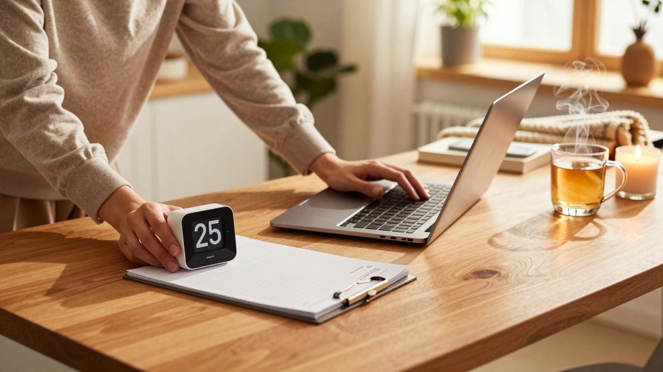 Persoană lucrând la laptop pe o masă de lemn, cu un ceas, o foaie și o ceașcă de ceai în apropiere.