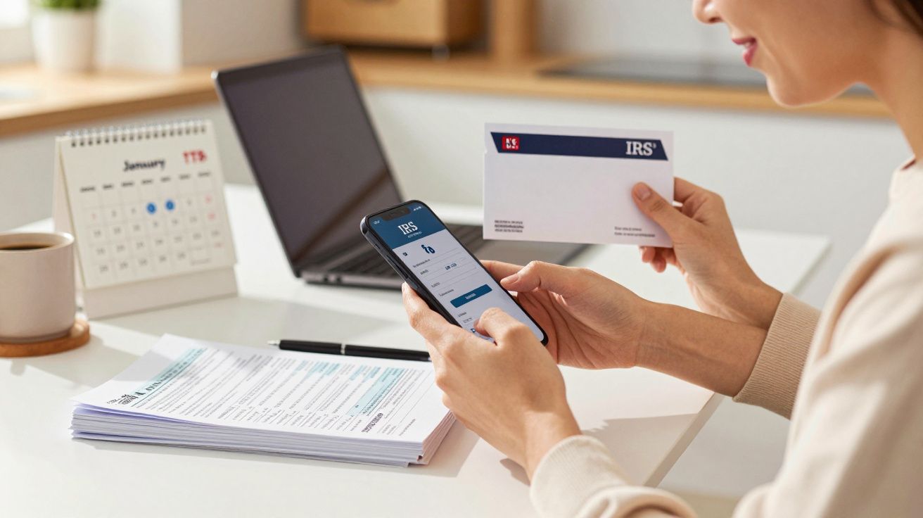 Persoană ținând un telefon și un plic IRS, cu documente și calendar pe birou.