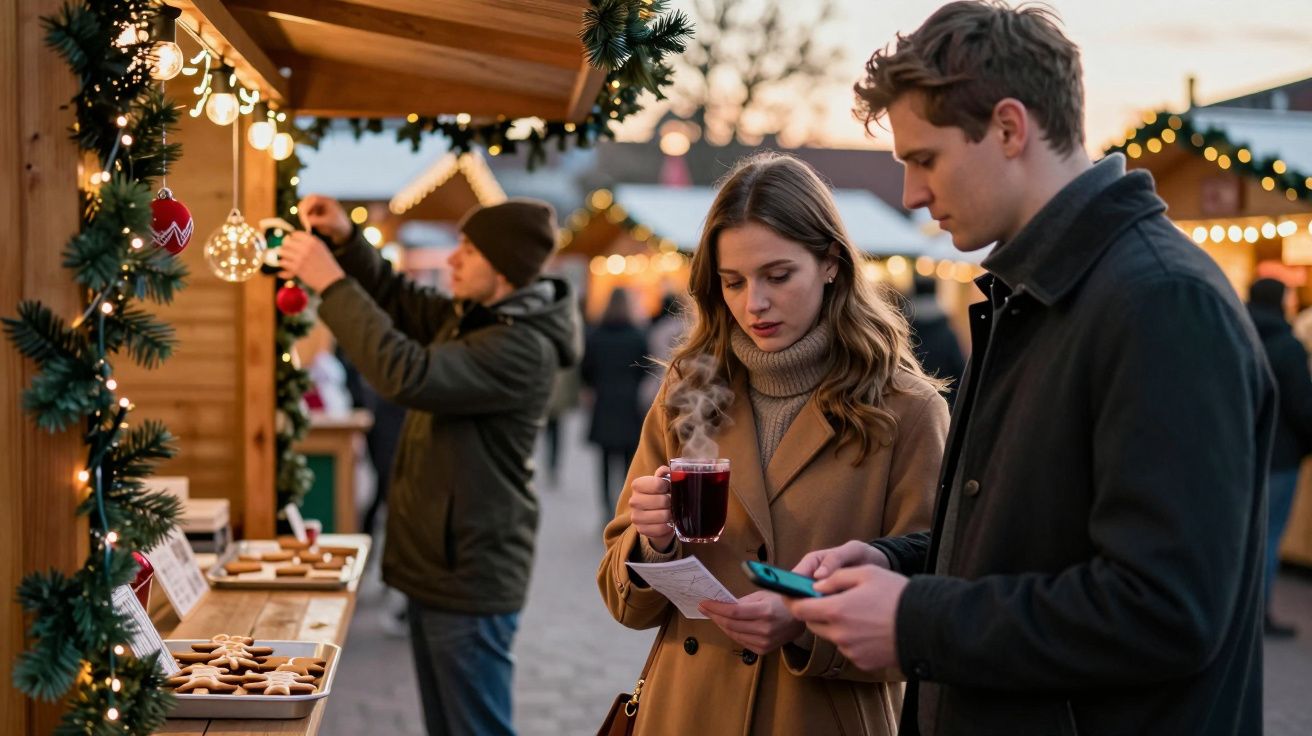 Tineri la târg de Crăciun savurând vin fiert, decoruri festive și luminițe de sărbătoare.