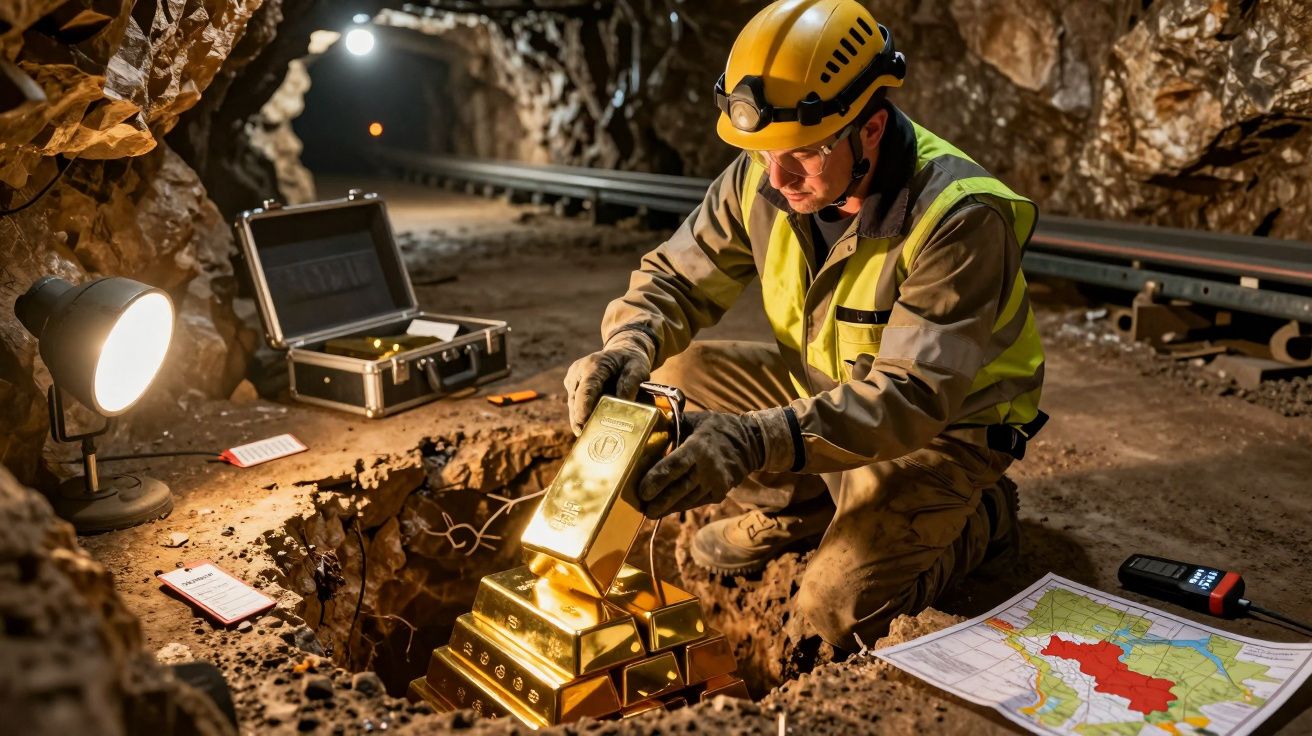 Miner verificând lingouri de aur într-o mină subterană, înconjurat de echipamente și o hartă pe sol.