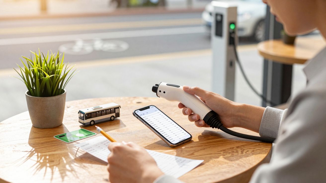 Persoană la masă cu calculator, telefon, priză electrică, jucărie autobuz și plantă mică, însorită pe fundal.