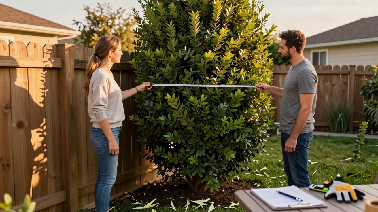 Doi oameni măsoară un copac în curte cu o bandă de măsurare, având mănuși și clipboard pe masă.