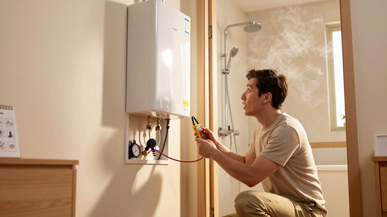 Bărbat efectuează întreținerea unei centrale termice într-o baie, folosind un multimetru.