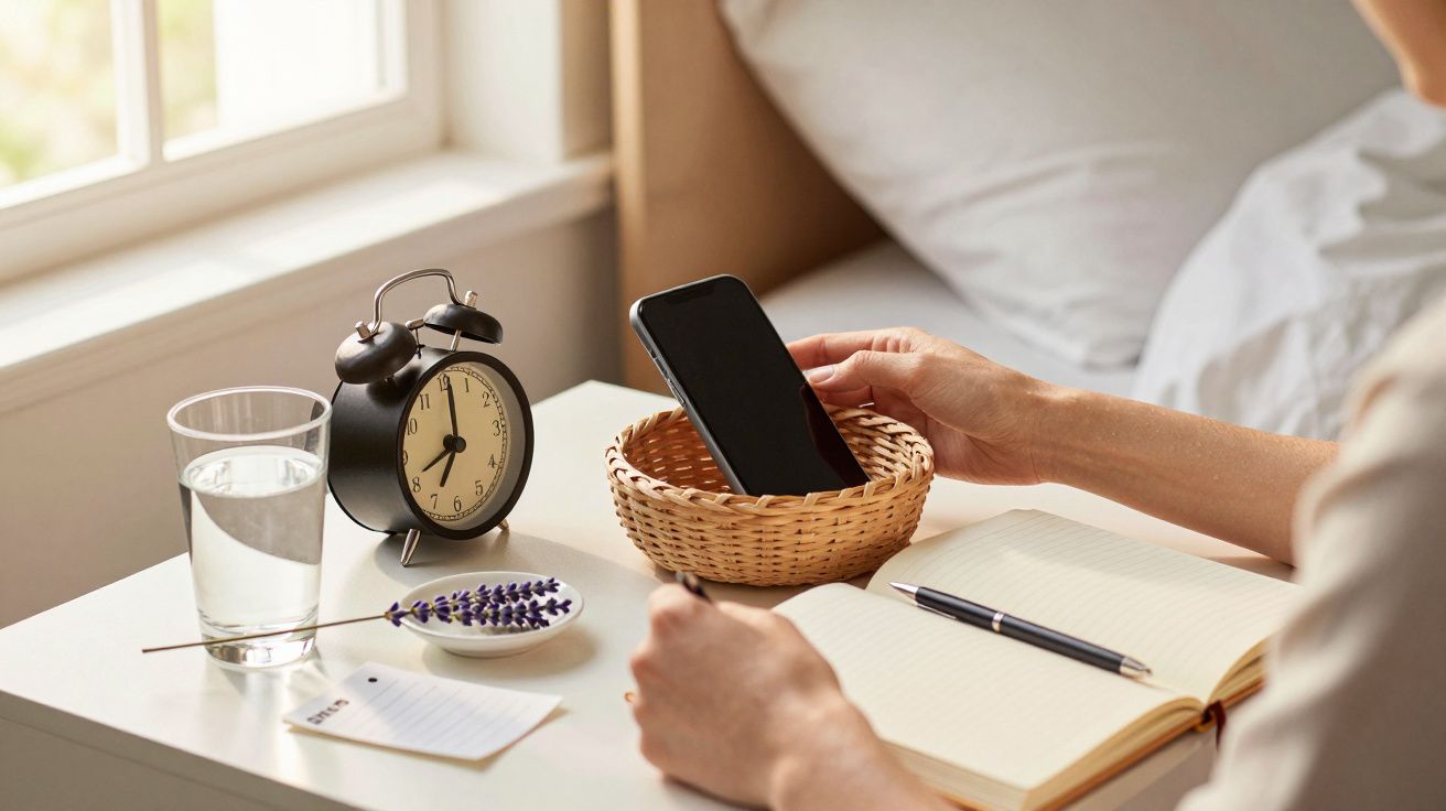 Un birou de noptieră cu un ceas deșteptător, un pahar cu apă, un jurnal deschis și un telefon într-un coșuleț.