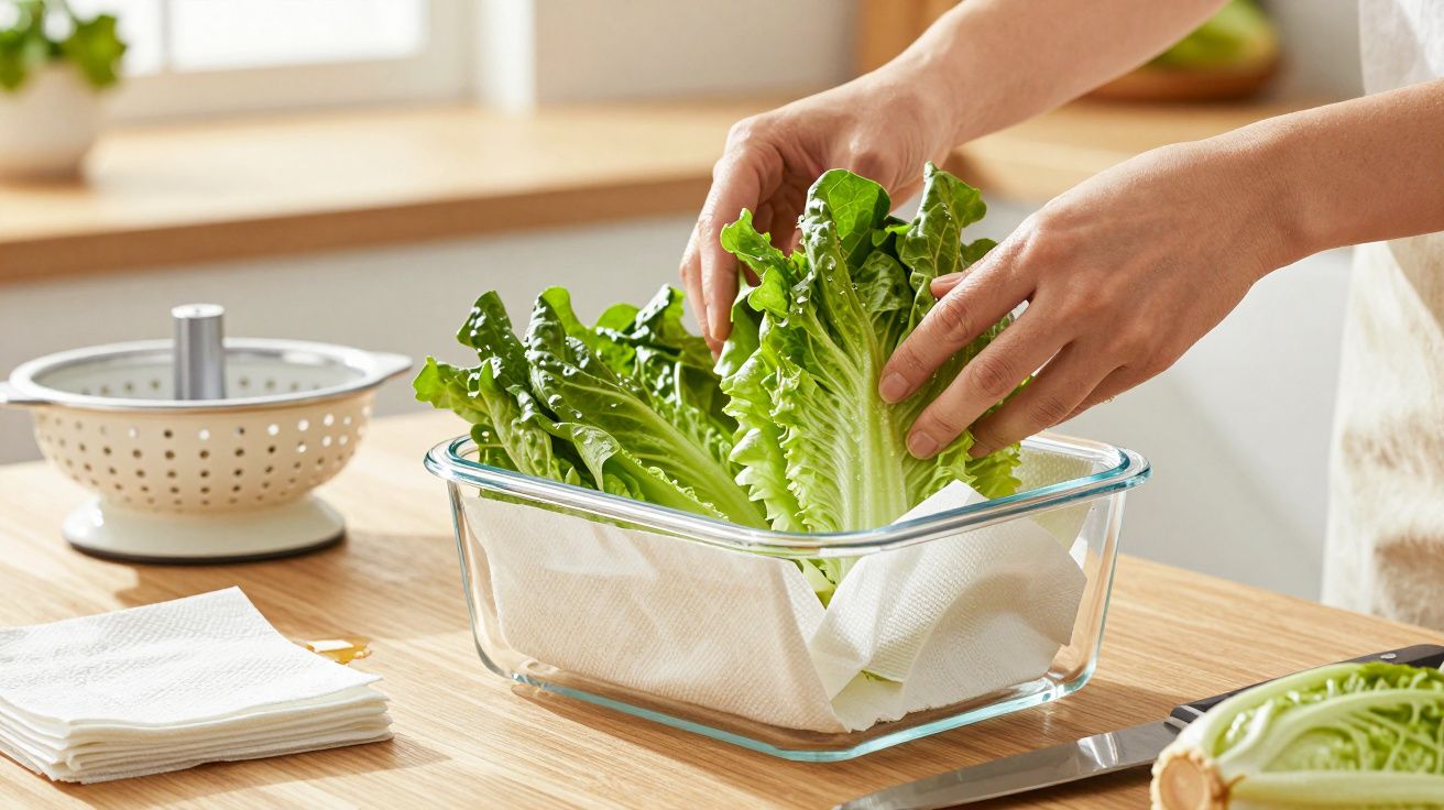 Persoană aranjează frunze de salată verde într-un vas de sticlă pe un blat de lemn.