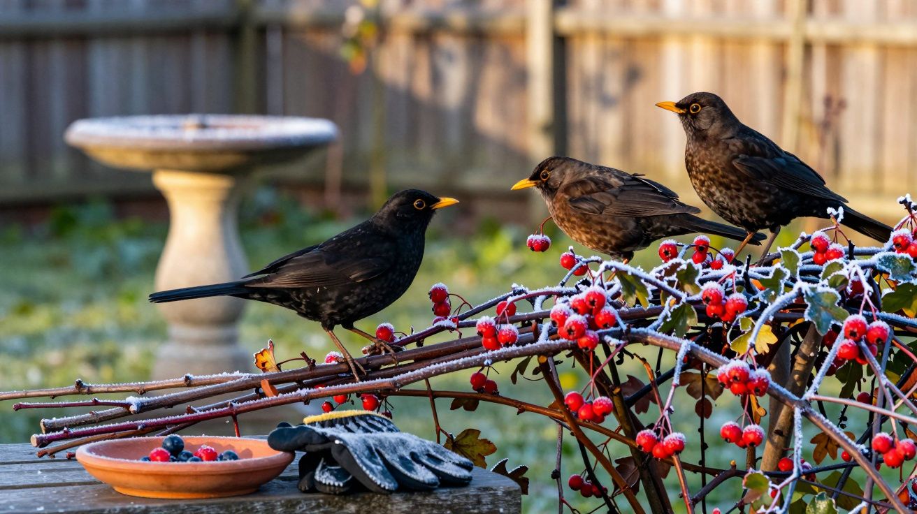 Trei mierle pe crengi înghețate, lângă o farfurie cu fructe, într-o grădină cu un vas de apă în fundal.