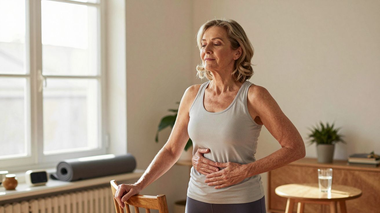 Femeie matură practicând exerciții de respirație în lumina naturală dintr-o cameră cu plante și saltea de yoga.