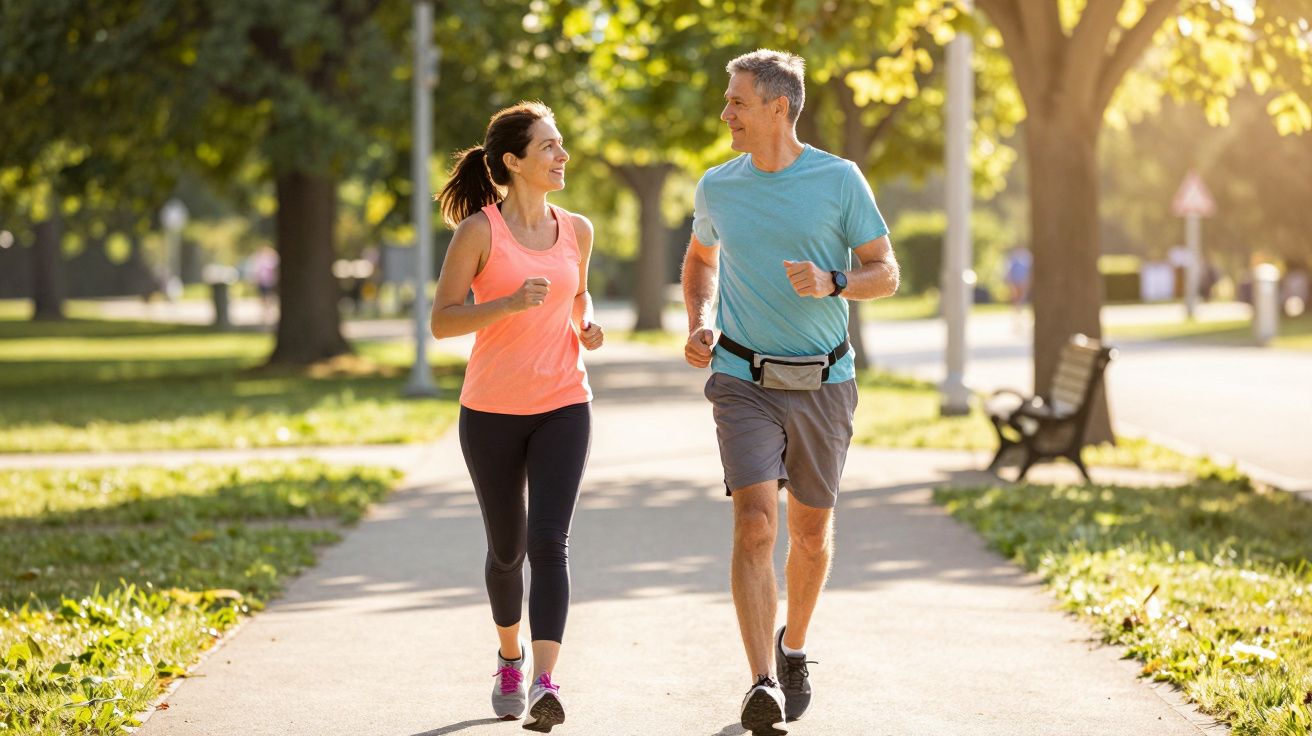 Un bărbat și o femeie aleargă împreună pe o alee în parc, într-o zi însorită.