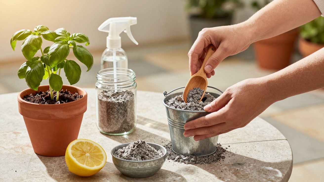 Mâini punând cenușă într-un ghiveci, pe masă busuioc, lămâie, borcan, castron și pulverizator.