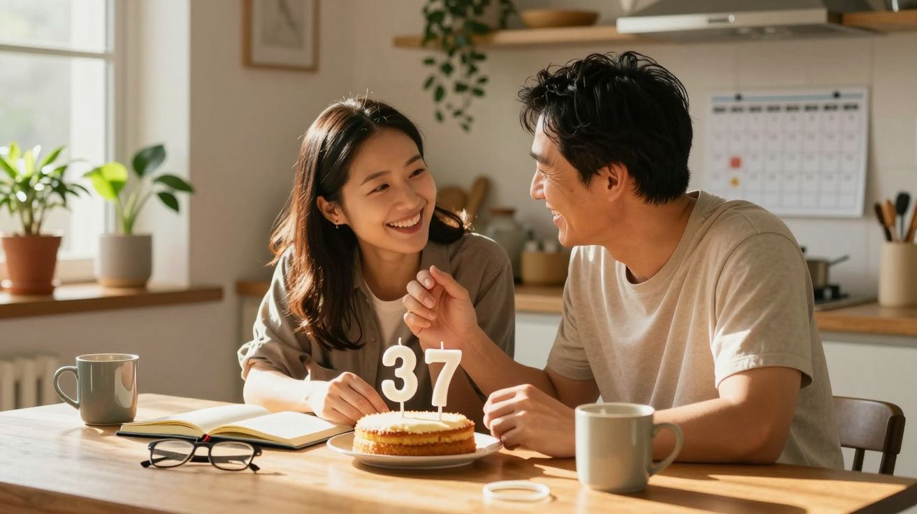 Cuplu zâmbind la masa din bucătărie, sărbătorind cu un tort cu lumânări „37”.