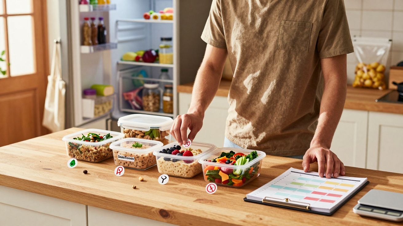 Persoană aranjând feluri de mâncare sănătoasă în caserole pe o masă de bucătărie; frigider deschis în fundal.