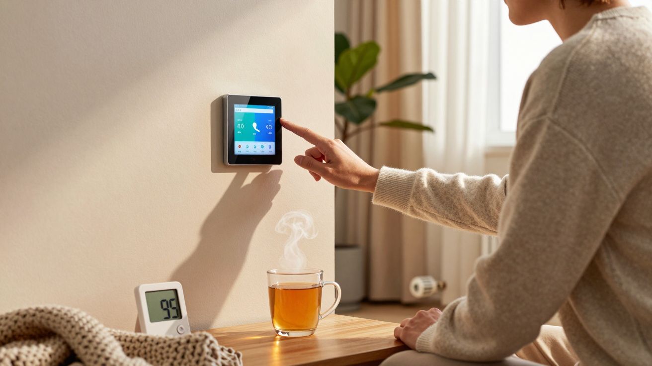 Persoană ajustând termostatul de pe perete; pe masă, un ceai fierbinte și un dispozitiv de măsurare a umidității.
