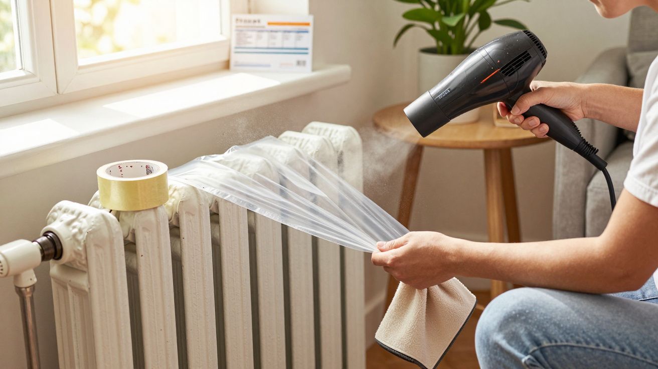 Persoană sigilează un calorifer cu folie de plastic și uscător de păr pentru a preveni pierderile de căldură.