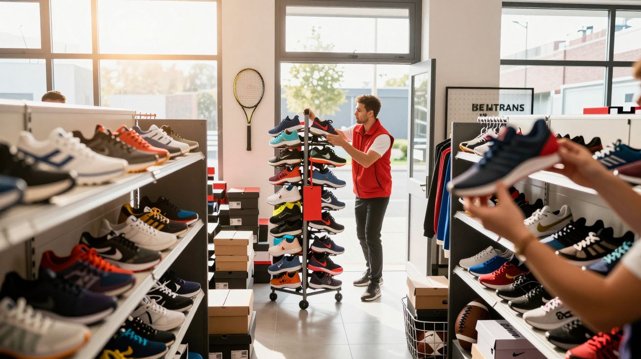 Magazin de încălțăminte cu rafturi pline de adidași; un angajat aranjează perechile expuse.