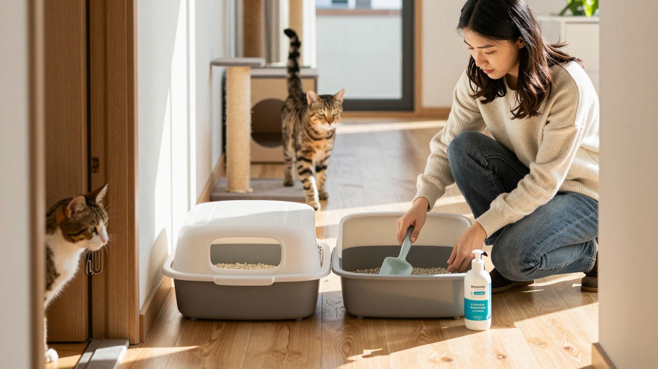 Femeie curățând litiera pisicilor într-un hol luminos cu două pisici în jur, pe podea de lemn.