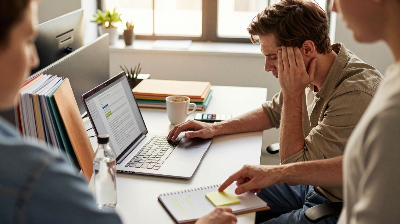 Trei persoane lucrând la birou, concentrându-se pe un laptop și un caiet, cu o ceașcă de cafea pe masă.