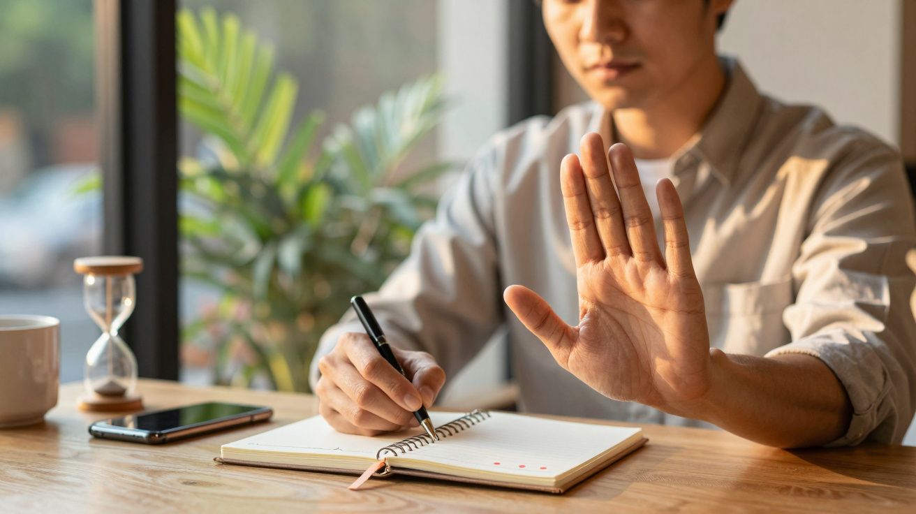 Persoană scriind într-un caiet cu o mână ridicată, lângă un telefon și o clepsidră pe o masă de lemn.