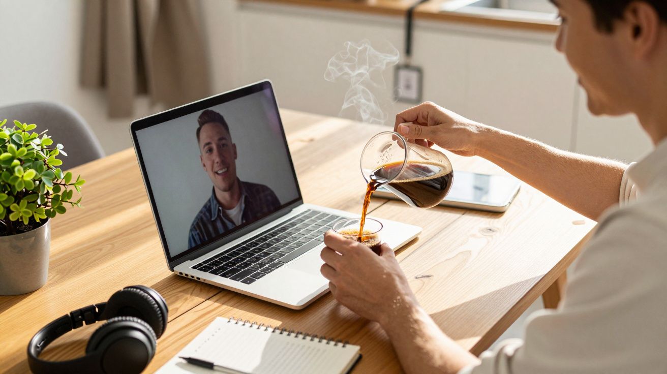 Un bărbat toarnă cafea în cană în timp ce participă la un apel video pe laptop, pe o masă de lemn.