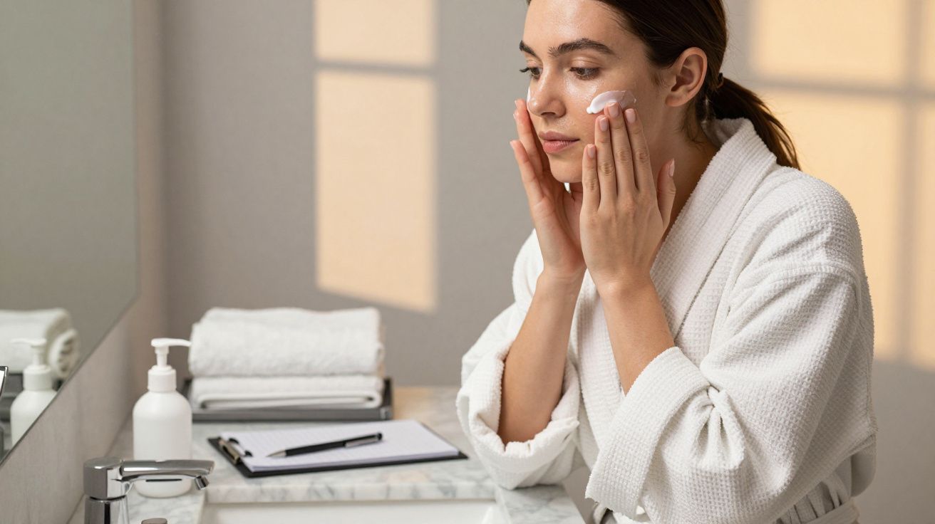 Femeie în halat alb aplică cremă pe față în fața unei oglinzi în baie.