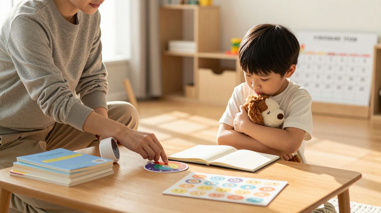 Un copil ține o jucărie de pluș, în timp ce o persoană de lângă aranjează materiale educaționale pe masă.