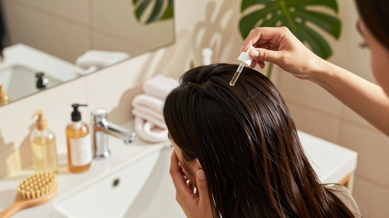 Persoană aplicând ulei pe scalp cu pipeta într-o baie, lângă chiuvetă, perie și produse cosmetice.