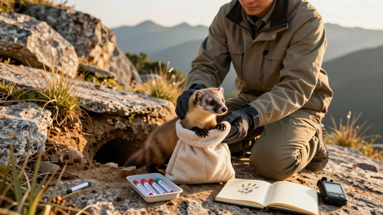 Un cercetător eliberează un dihor pe un munte stâncos, alături de un caiet, markere și echipamente de cercetare.
