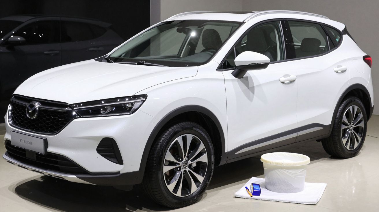 Mașină albă SUV expusă într-un showroom, cu un coș și echipament de curățare lângă ea.